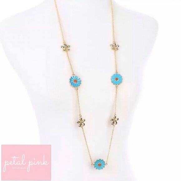 FABULOUS High-End Long Enamel Flower Necklace Blue Gold - Picture 3 of 7